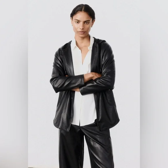 $349 RUTI Black Vegan Leather Hooded Jacket, Size 6 - Picture 2 of 8
